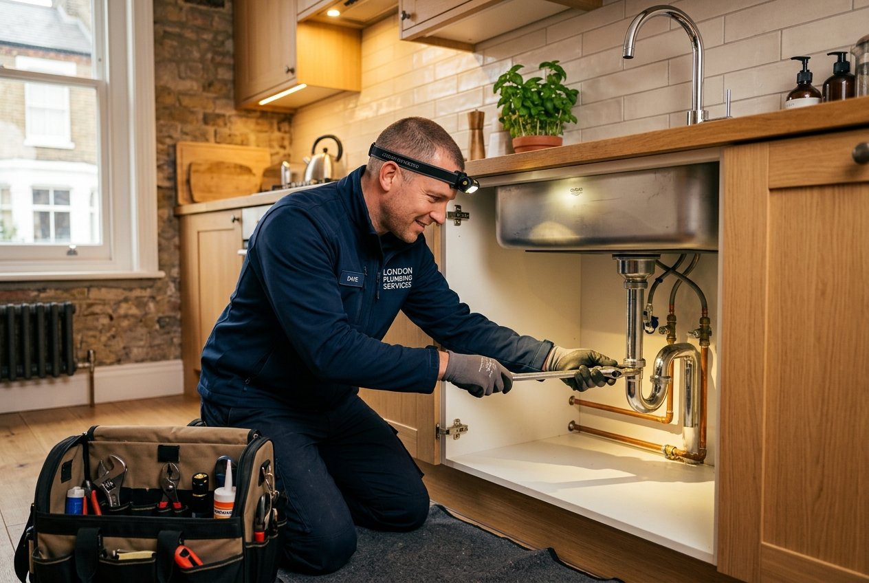 A plumber working on pipes under a sink