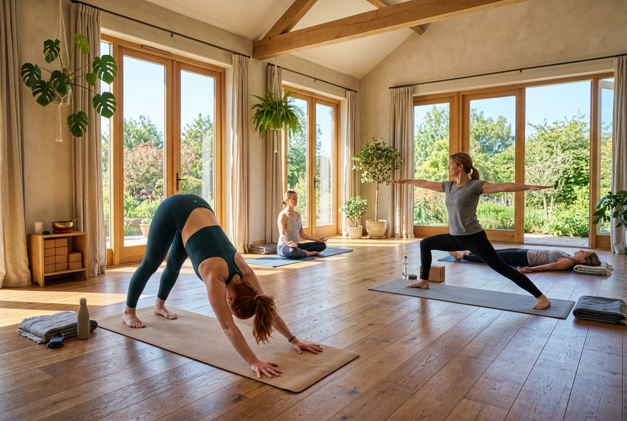 A serene yoga studio with people practicing yoga