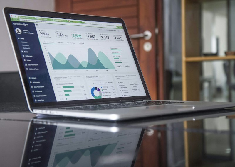 A laptop displaying data charts on a desk